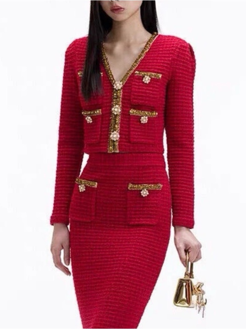 New Self portrait Red Tweed Two-Piece Skirt Set with Gold Trim size S